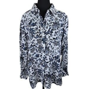 Kate Hill 100%‎ Linen Womens Button Shirt Size Large Floral Cottagecore Bohemian